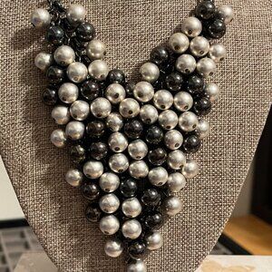 Gray Faux Pearl Bib Necklace set on Silvertone Chain, Gorgeous!